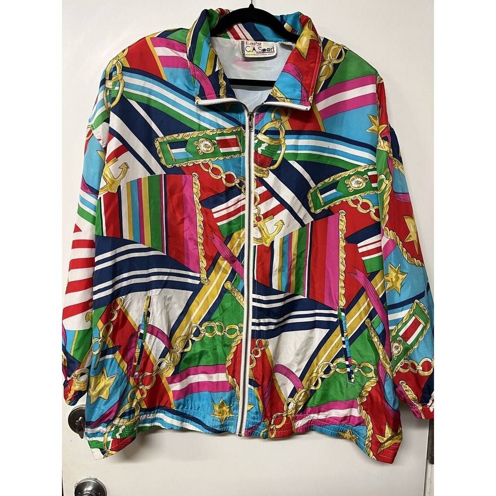 Lady C.A. Sport‎ Jacket Womens 2X Vintage Silk Bold Print Shoulder Pads Nautical